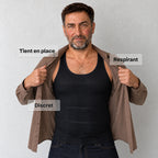 Homme ouvrant sa chemise moka sur le Débardeur Allure noir, annoté discret, respirant, tient en place