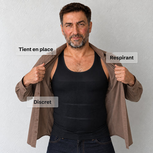 Homme ouvrant sa chemise moka sur le Débardeur Allure noir, annoté discret, respirant, tient en place
