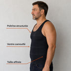 Débardeur Allure noir de profil, annoté poitrine maintenue, ventre lissé, taille affinée