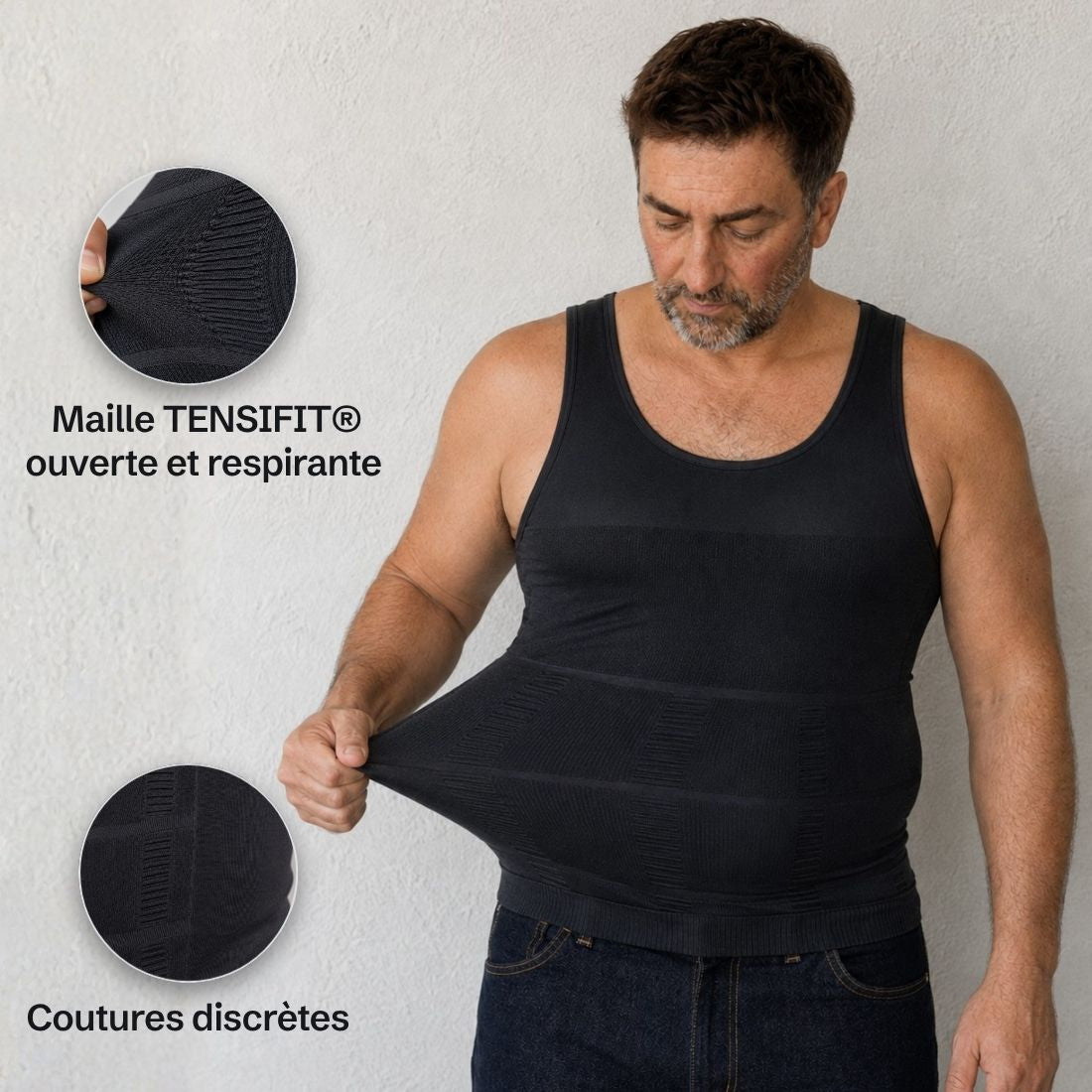 Débardeur Allure noir étiré à la main, maille TENSIFIT ouverte et couture latérale en macro