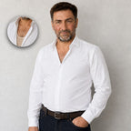 Chemise blanche fermée sur le Débardeur Allure beige, encolure invisible en médaillon