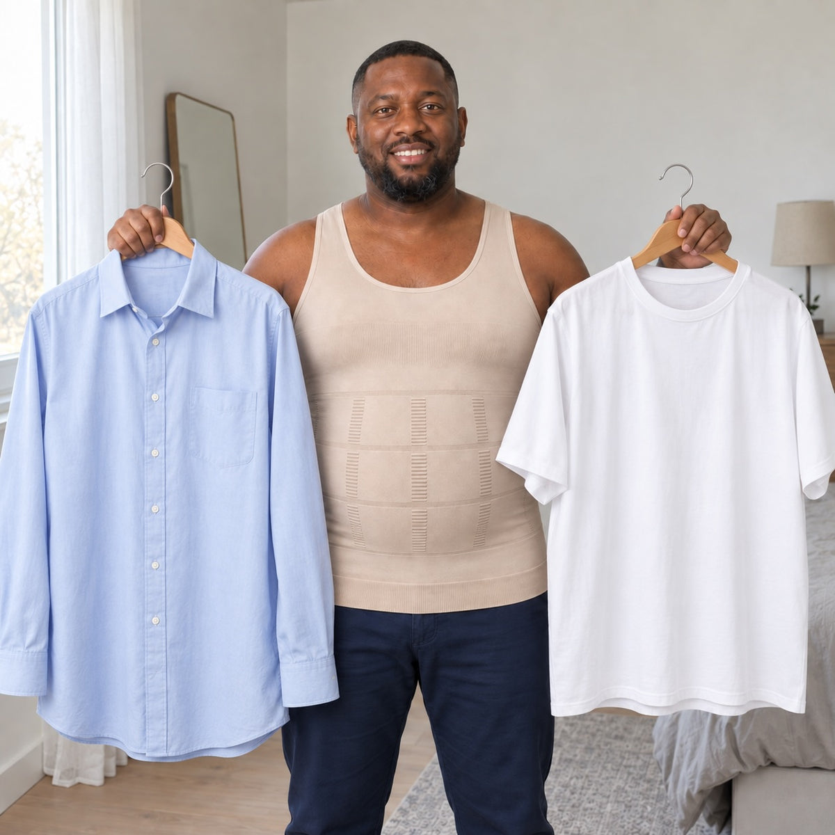 Homme souriant portant le Débardeur Allure beige, une chemise bleu ciel et un t-shirt blanc sur cintres en main