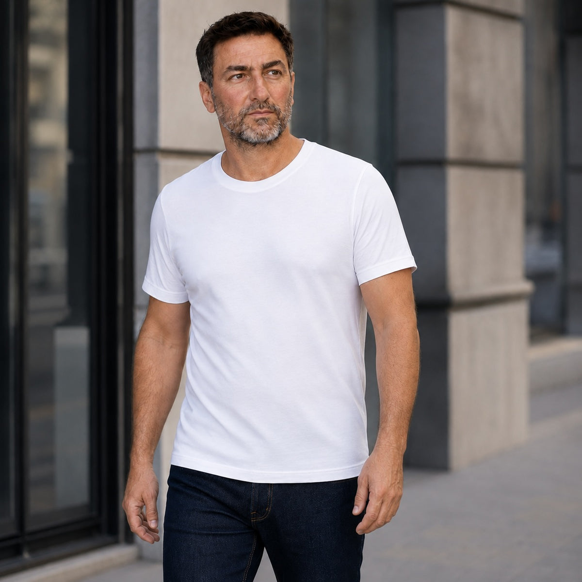 Homme en t-shirt blanc dans la rue, buste lisse sous la maille