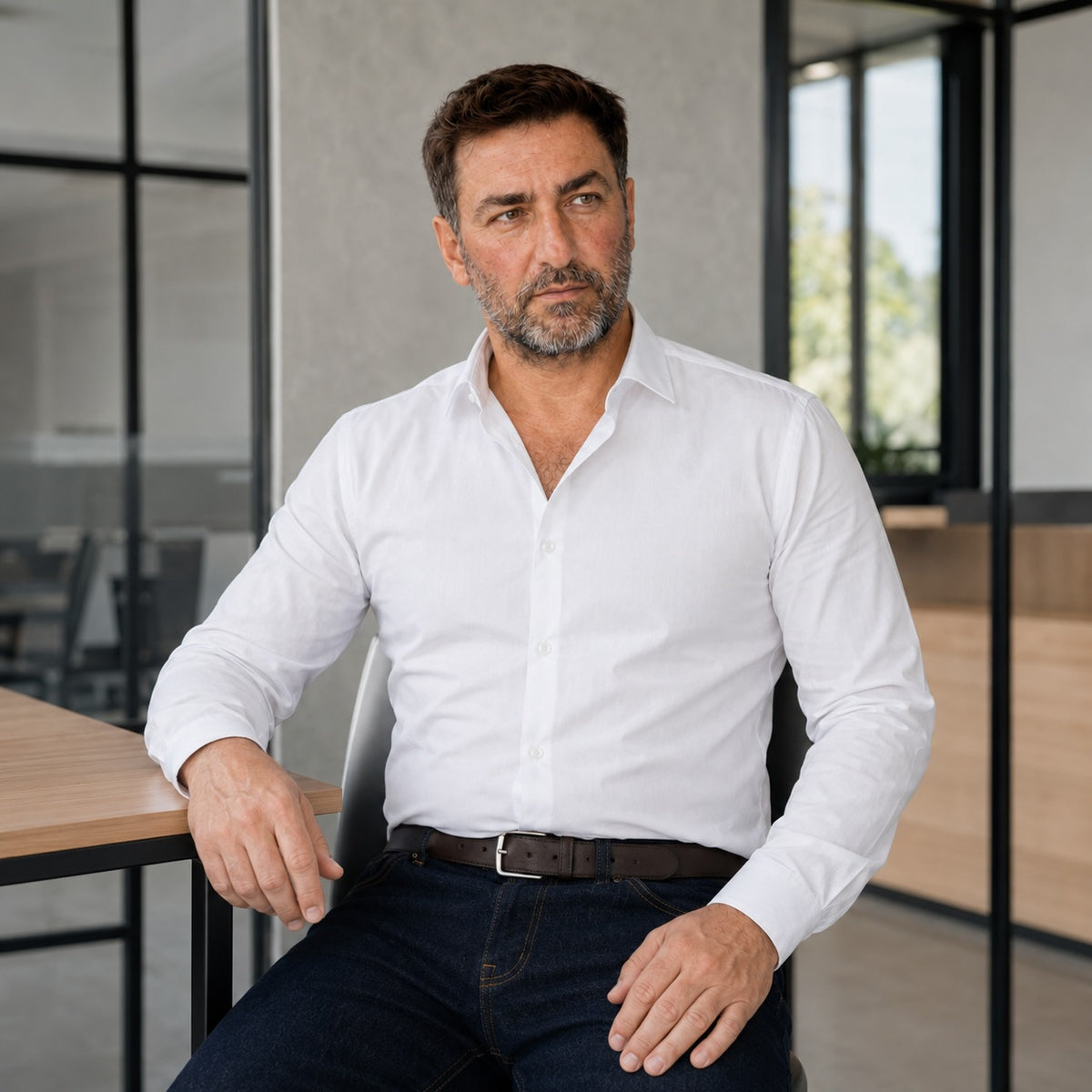 Homme en chemise blanche assis à une table de bureau